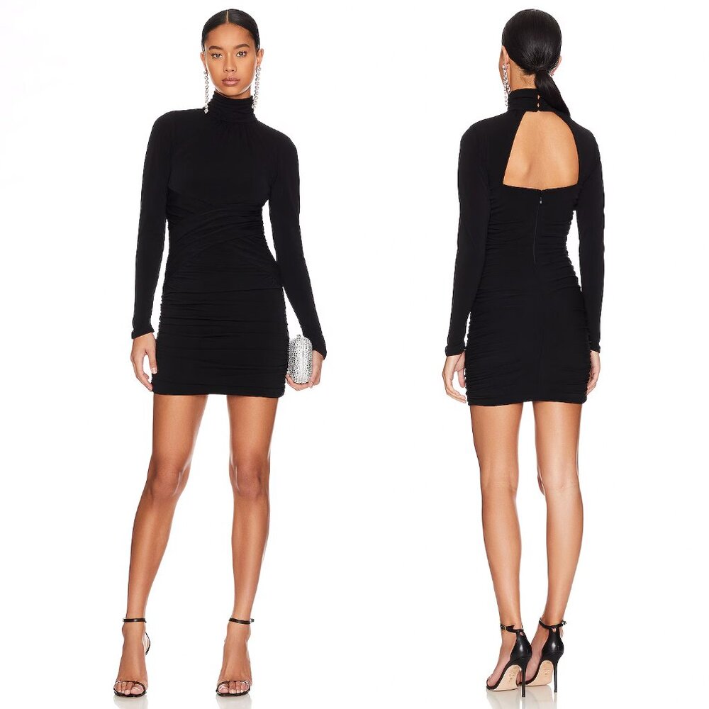Cinq a Sept Amar Mini Dress Ruched Long Sleeve Black Size US 10 NEW NWT